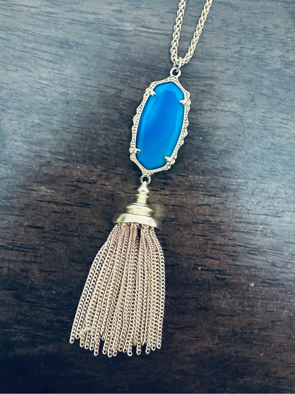 Kendra Scott Blue Gold Scalloped Pendant Chain Tassel Necklace